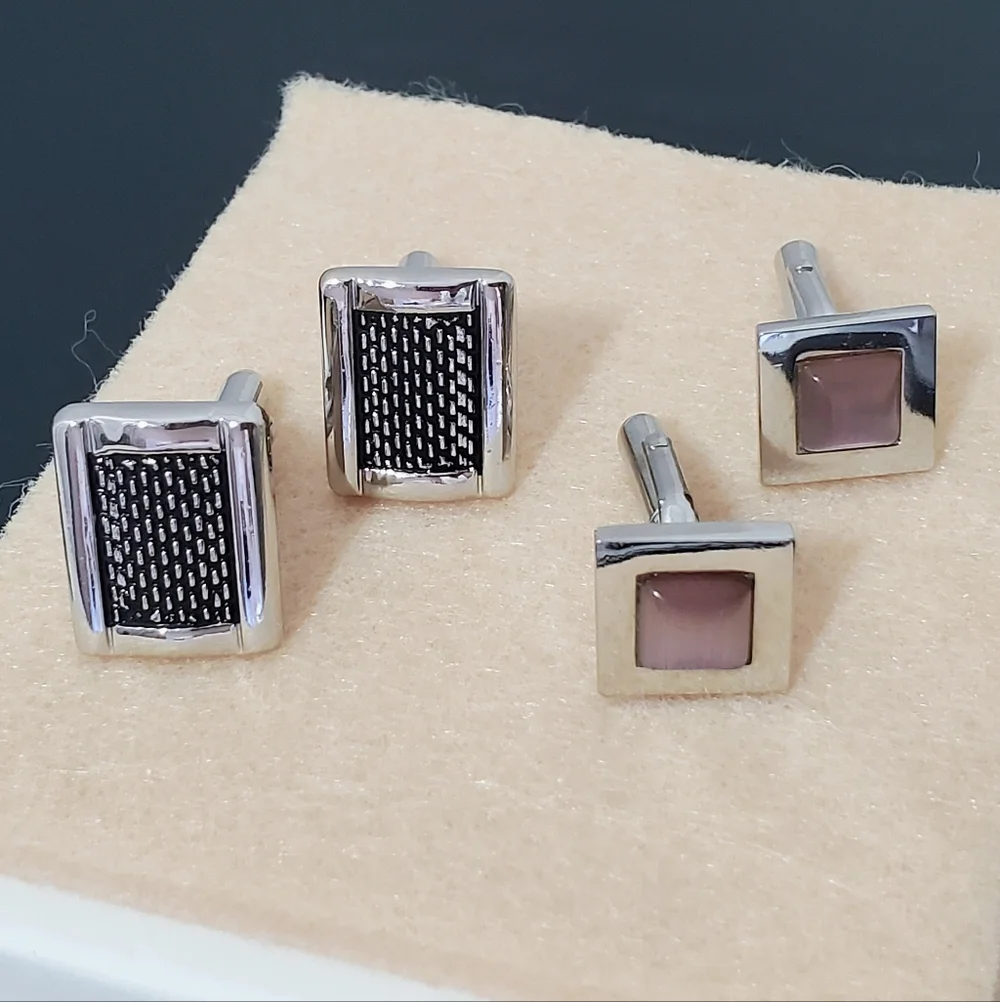 Silver & Black Herringbone Mesh Rectangular Cufflinks - Unisex